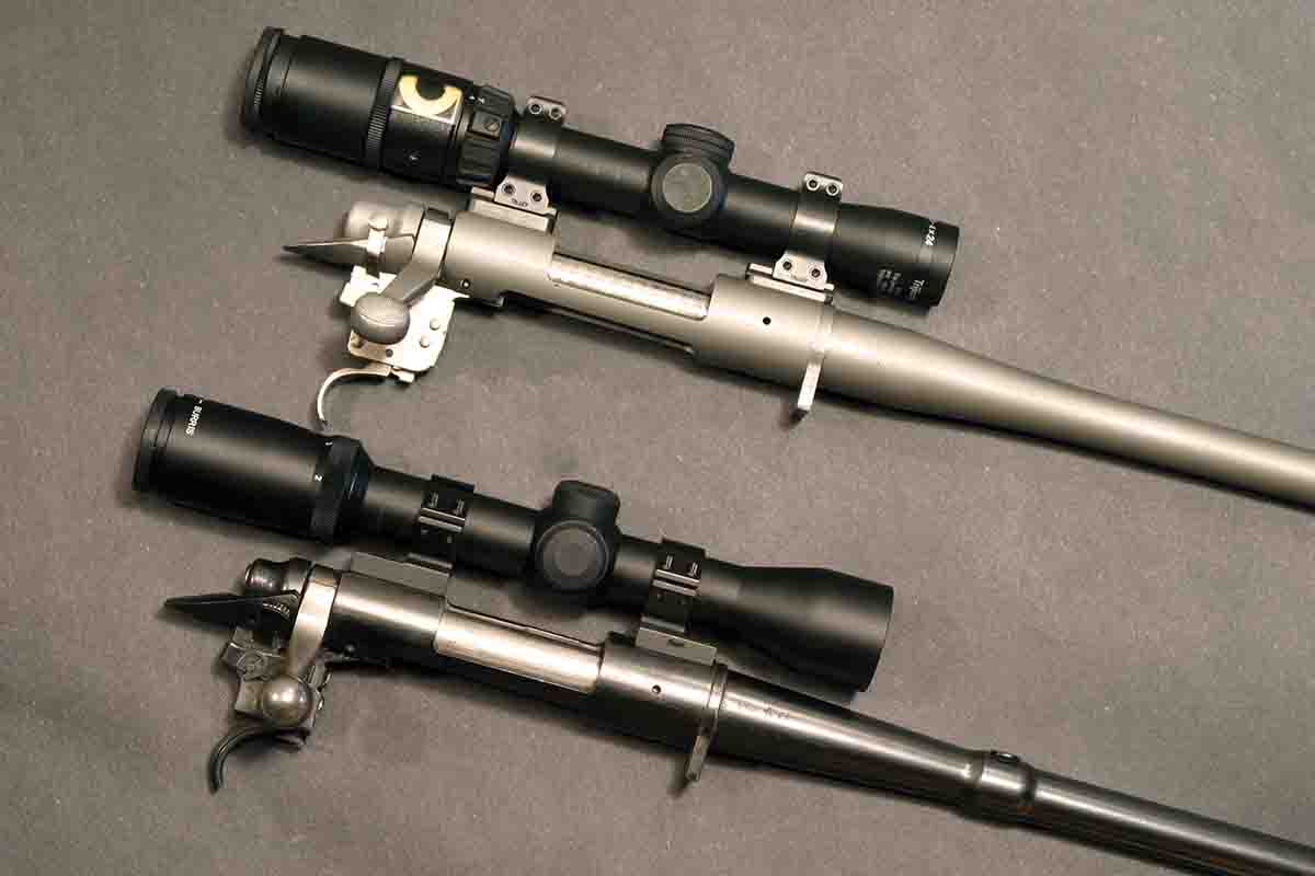 Compared side-by-side, the resemblance between the Model 722 (bottom) and short 700 actions (top) is obvious.